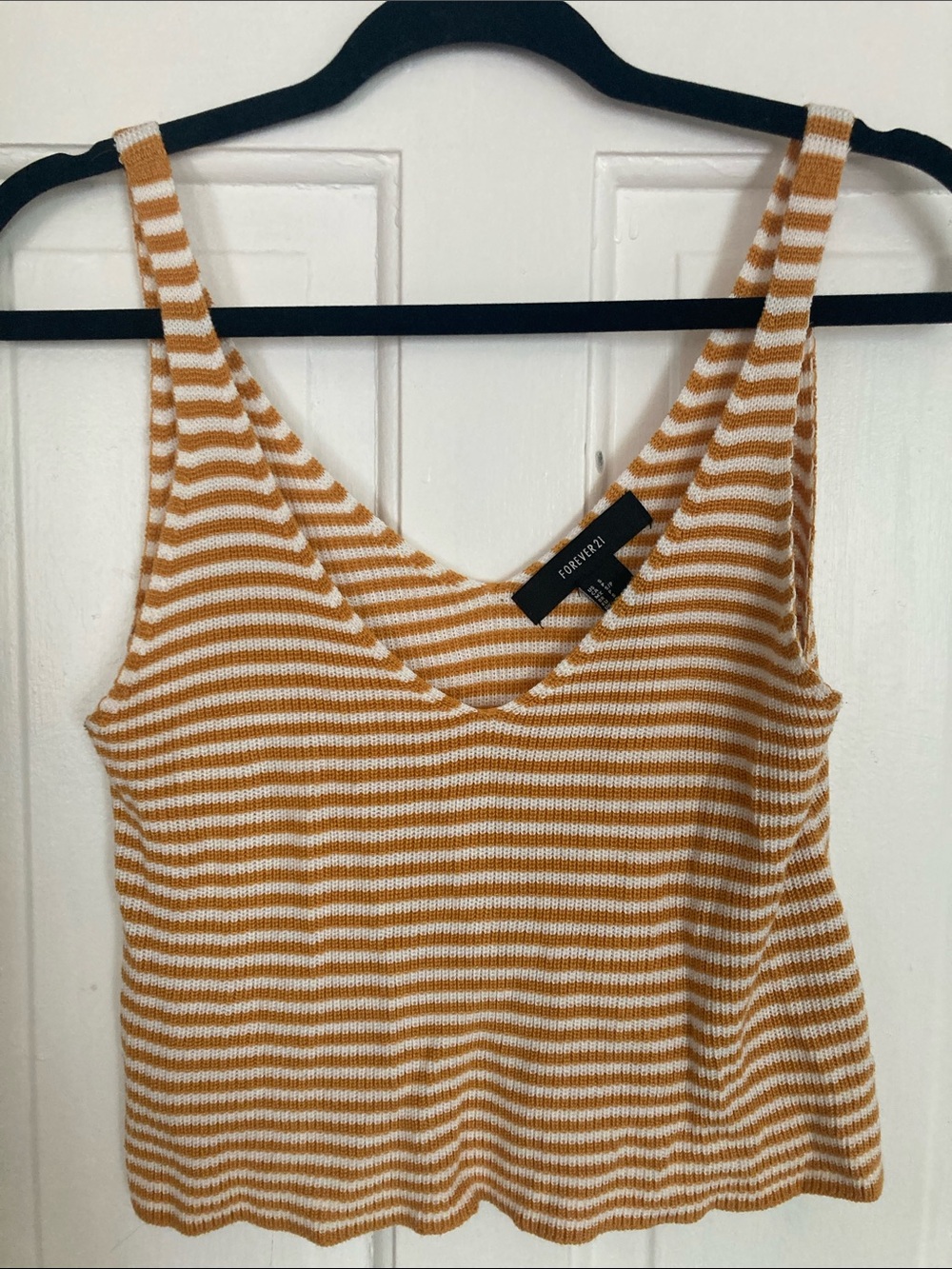 Forever 21 White and Mustard Striped V-Neck Knit Tank